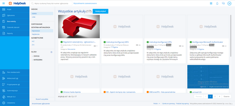 Widok główny sekcji Baza Wiedzy w HelpDesku - konto Administratora Widok główny sekcji Baza Wiedzy w HelpDesku - konto Administratora